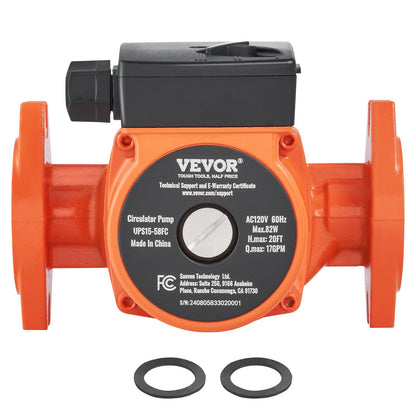 VEVOR UPS15-58FC Hot Water Recirculating Pump, 110V, 82W 17 GPM Hot Water Circulation Pump, 1" NPT Flange 3-Speed Circulator Pump