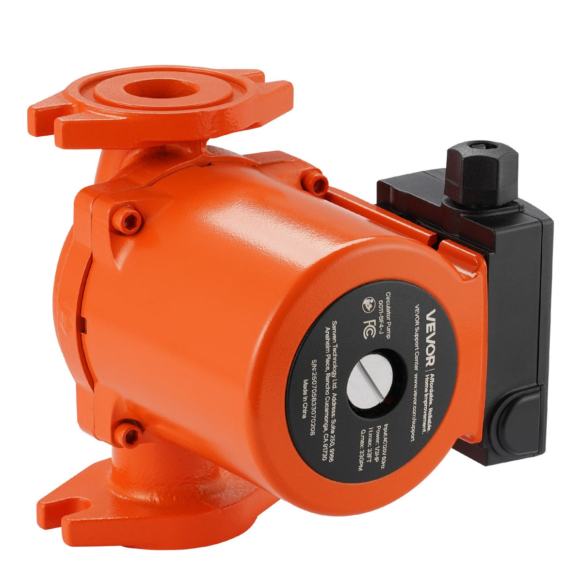 VEVOR 0011-BF4-J Cast Iron Circulator Pump, 33 GPM, AC 120V 33 ft Hot Water Recirculating Circulation Pump, 1-1/4 in Flange Connection, 3-Speed Adjustment