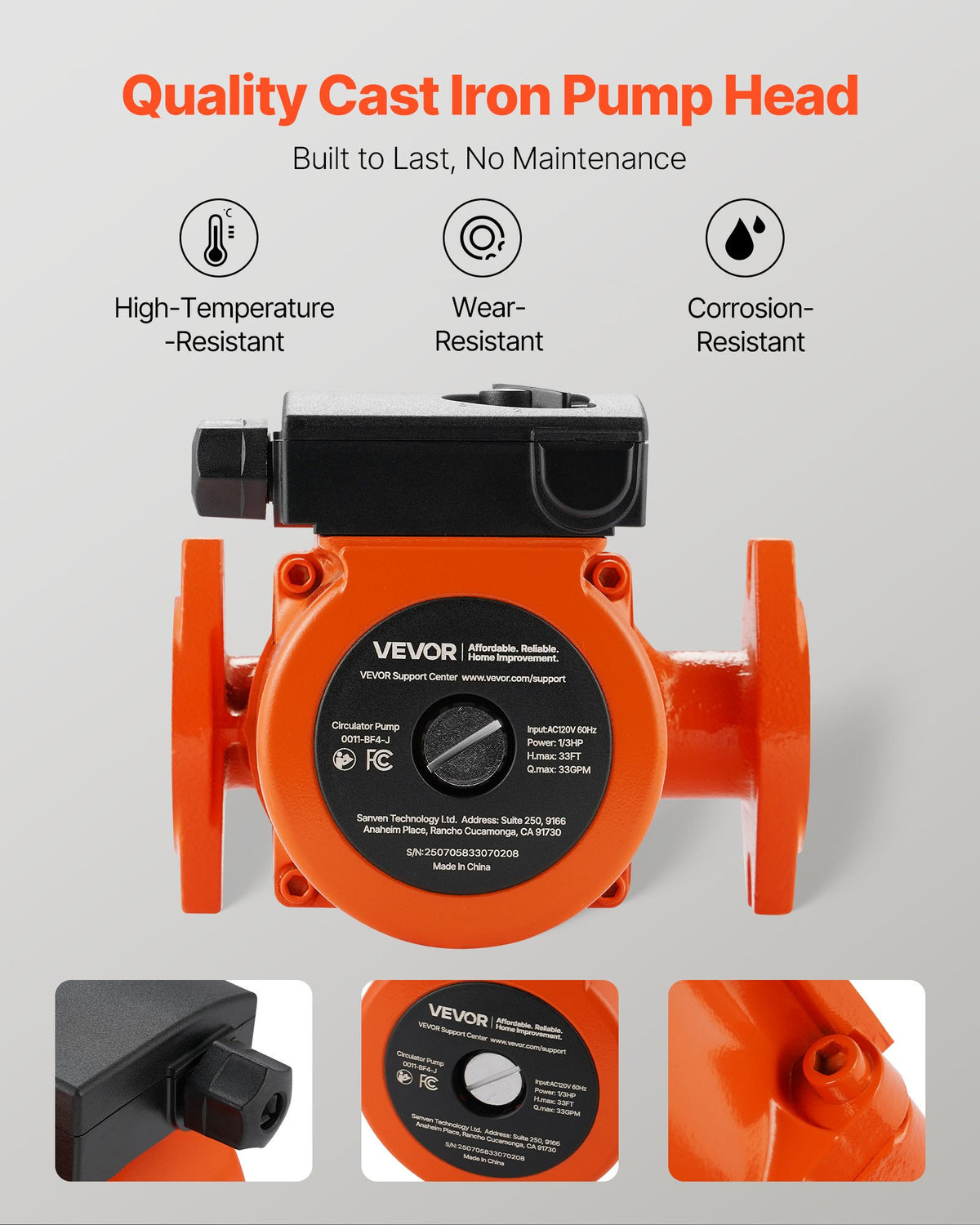 VEVOR 0011-BF4-J Cast Iron Circulator Pump, 33 GPM, AC 120V 33 ft Hot Water Recirculating Circulation Pump, 1-1/4 in Flange Connection, 3-Speed Adjustment