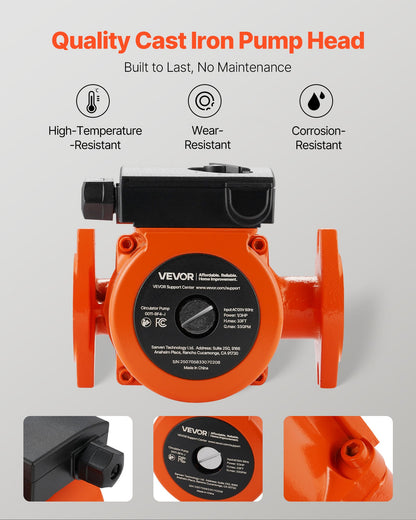 VEVOR 0011-BF4-J Cast Iron Circulator Pump, 33 GPM, AC 120V 33 ft Hot Water Recirculating Circulation Pump, 1-1/4 in Flange Connection, 3-Speed Adjustment