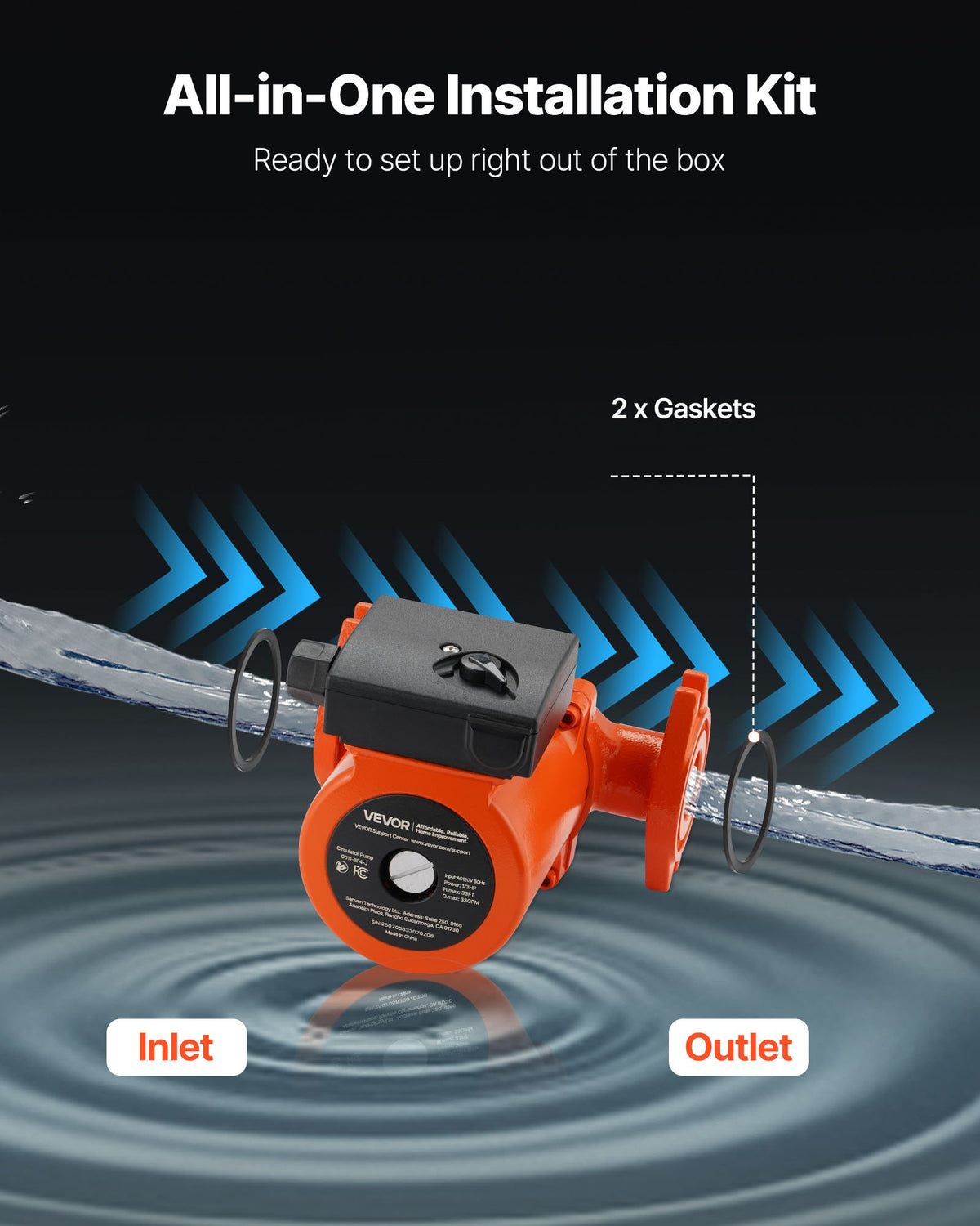 VEVOR 0011-BF4-J Cast Iron Circulator Pump, 33 GPM, AC 120V 33 ft Hot Water Recirculating Circulation Pump, 1-1/4 in Flange Connection, 3-Speed Adjustment