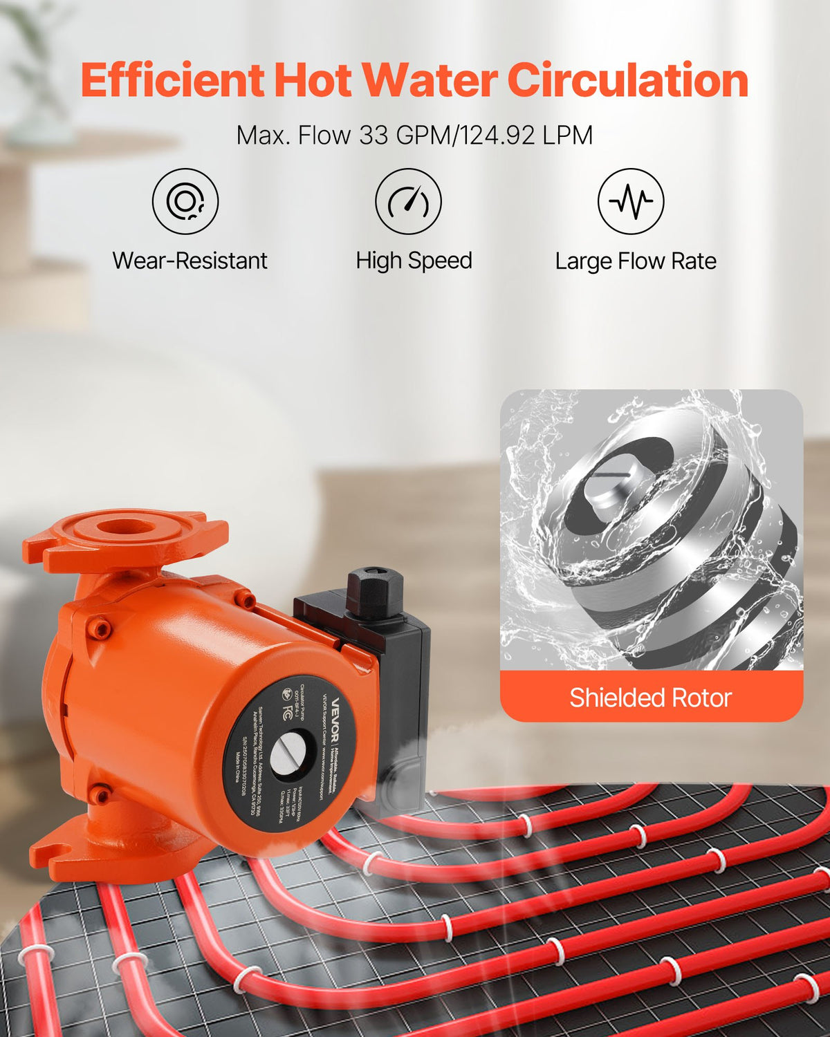 VEVOR 0011-BF4-J Cast Iron Circulator Pump, 33 GPM, AC 120V 33 ft Hot Water Recirculating Circulation Pump, 1-1/4 in Flange Connection, 3-Speed Adjustment