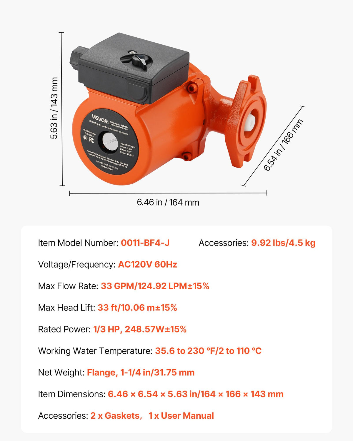VEVOR 0011-BF4-J Cast Iron Circulator Pump, 33 GPM, AC 120V 33 ft Hot Water Recirculating Circulation Pump, 1-1/4 in Flange Connection, 3-Speed Adjustment