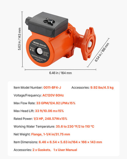 VEVOR 0011-BF4-J Cast Iron Circulator Pump, 33 GPM, AC 120V 33 ft Hot Water Recirculating Circulation Pump, 1-1/4 in Flange Connection, 3-Speed Adjustment