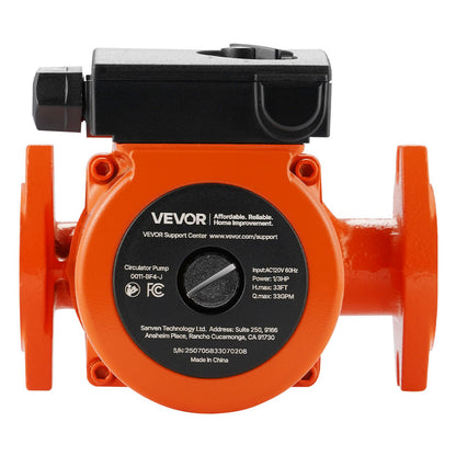 VEVOR 0011-BF4-J Cast Iron Circulator Pump, 33 GPM, AC 120V 33 ft Hot Water Recirculating Circulation Pump, 1-1/4 in Flange Connection, 3-Speed Adjustment