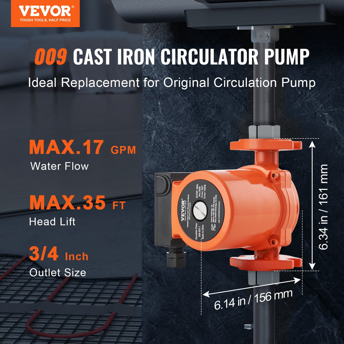 VEVOR 009-BF5-J Hot Water Recirculating Pump, 110V, 180W 10 GPM Hot Water Circulation Pump, 3/4" NPT Flange 3-Speed Circulator Pump