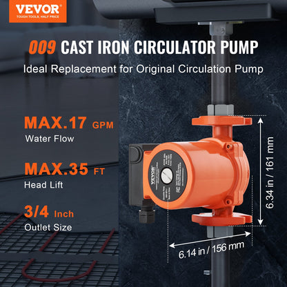 VEVOR 009-BF5-J Hot Water Recirculating Pump, 110V, 180W 10 GPM Hot Water Circulation Pump, 3/4" NPT Flange 3-Speed Circulator Pump