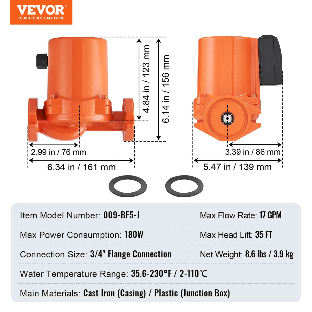 VEVOR 009-BF5-J Hot Water Recirculating Pump, 110V, 180W 10 GPM Hot Water Circulation Pump, 3/4" NPT Flange 3-Speed Circulator Pump