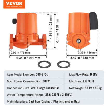 VEVOR 009-BF5-J Hot Water Recirculating Pump, 110V, 180W 10 GPM Hot Water Circulation Pump, 3/4" NPT Flange 3-Speed Circulator Pump