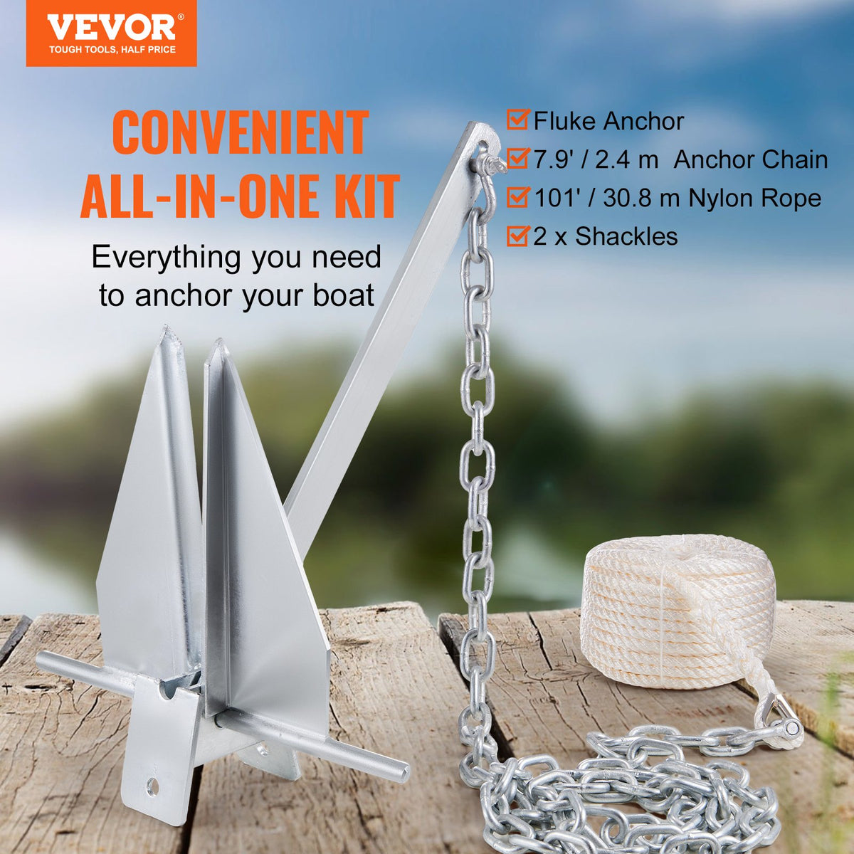 VEVOR Fluke Style Anchor Kit, 13 LBS Hot-Dipped Galvanized Steel Fluke Anchor with 7.9' Chain, 101' Rope and Two 0.4" Shackles, Marine Boat Anchor for Small Vessels Under 30', Seas, Rivers and Shores - FLKMYJTDXG136W8VGV0 - view 3