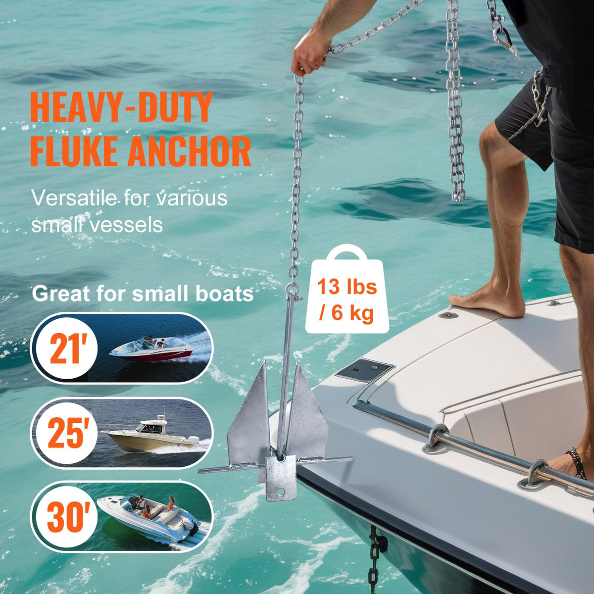 VEVOR Fluke Style Anchor Kit, 13 LBS Hot-Dipped Galvanized Steel Fluke Anchor with 7.9' Chain, 101' Rope and Two 0.4" Shackles, Marine Boat Anchor for Small Vessels Under 30', Seas, Rivers and Shores - FLKMYJTDXG136W8VGV0 - view 4