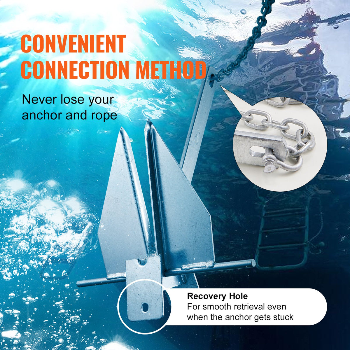 VEVOR Fluke Style Anchor Kit, 13 LBS Hot-Dipped Galvanized Steel Fluke Anchor with 7.9' Chain, 101' Rope and Two 0.4" Shackles, Marine Boat Anchor for Small Vessels Under 30', Seas, Rivers and Shores - FLKMYJTDXG136W8VGV0 - view 6