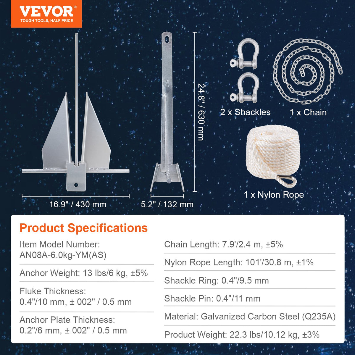 VEVOR Fluke Style Anchor Kit, 13 LBS Hot-Dipped Galvanized Steel Fluke Anchor with 7.9' Chain, 101' Rope and Two 0.4" Shackles, Marine Boat Anchor for Small Vessels Under 30', Seas, Rivers and Shores - FLKMYJTDXG136W8VGV0 - view 8