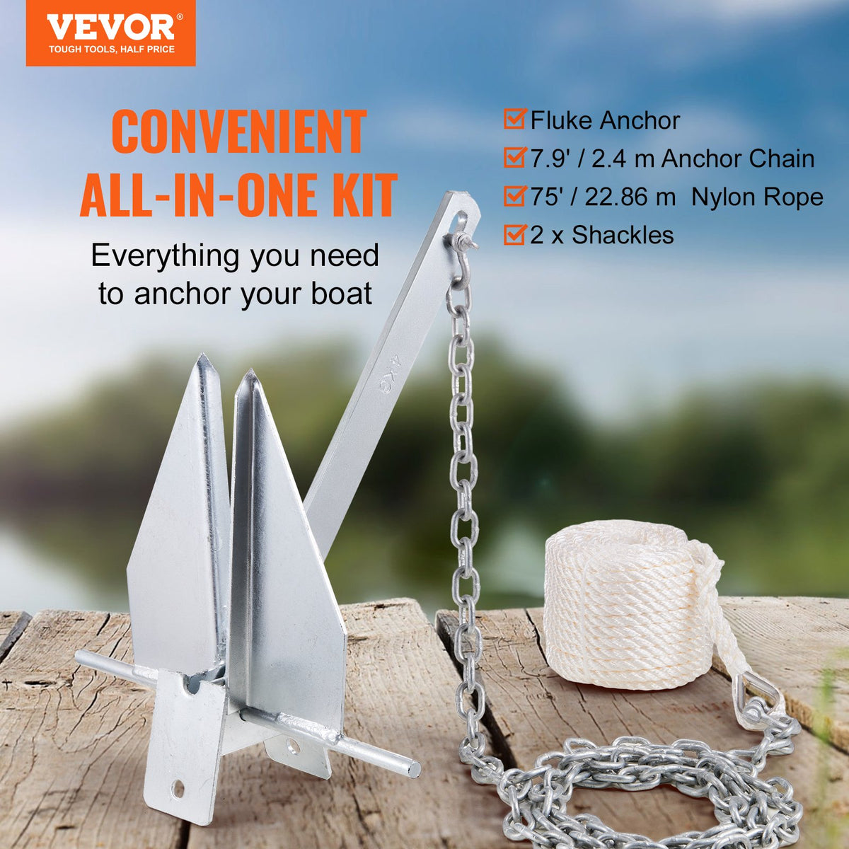 VEVOR Fluke Style Anchor Kit, 8.5 LBS Hot-Dipped Galvanized Steel Fluke Anchor with 7.9' Chain, 75' Rope and Two 0.4" Shackles, Marine Boat Anchor for Small Vessels Under 18', Seas, Rivers and Shores - FLKMYJTDXG85OW4WUV0 - view 3