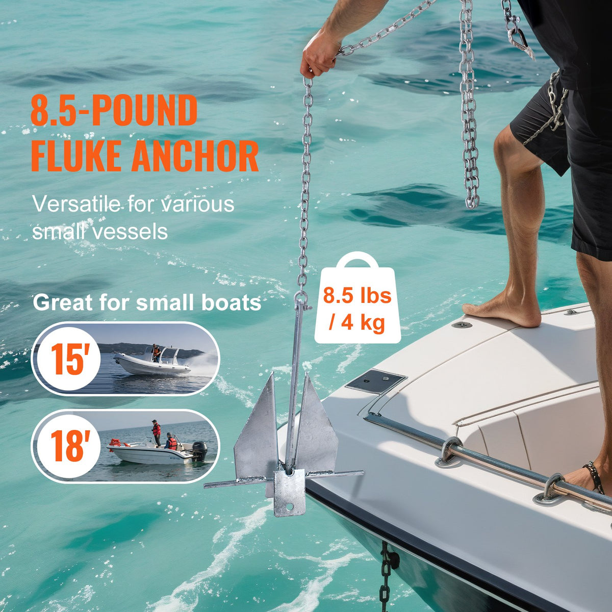 VEVOR Fluke Style Anchor Kit, 8.5 LBS Hot-Dipped Galvanized Steel Fluke Anchor with 7.9' Chain, 75' Rope and Two 0.4" Shackles, Marine Boat Anchor for Small Vessels Under 18', Seas, Rivers and Shores - FLKMYJTDXG85OW4WUV0 - view 4