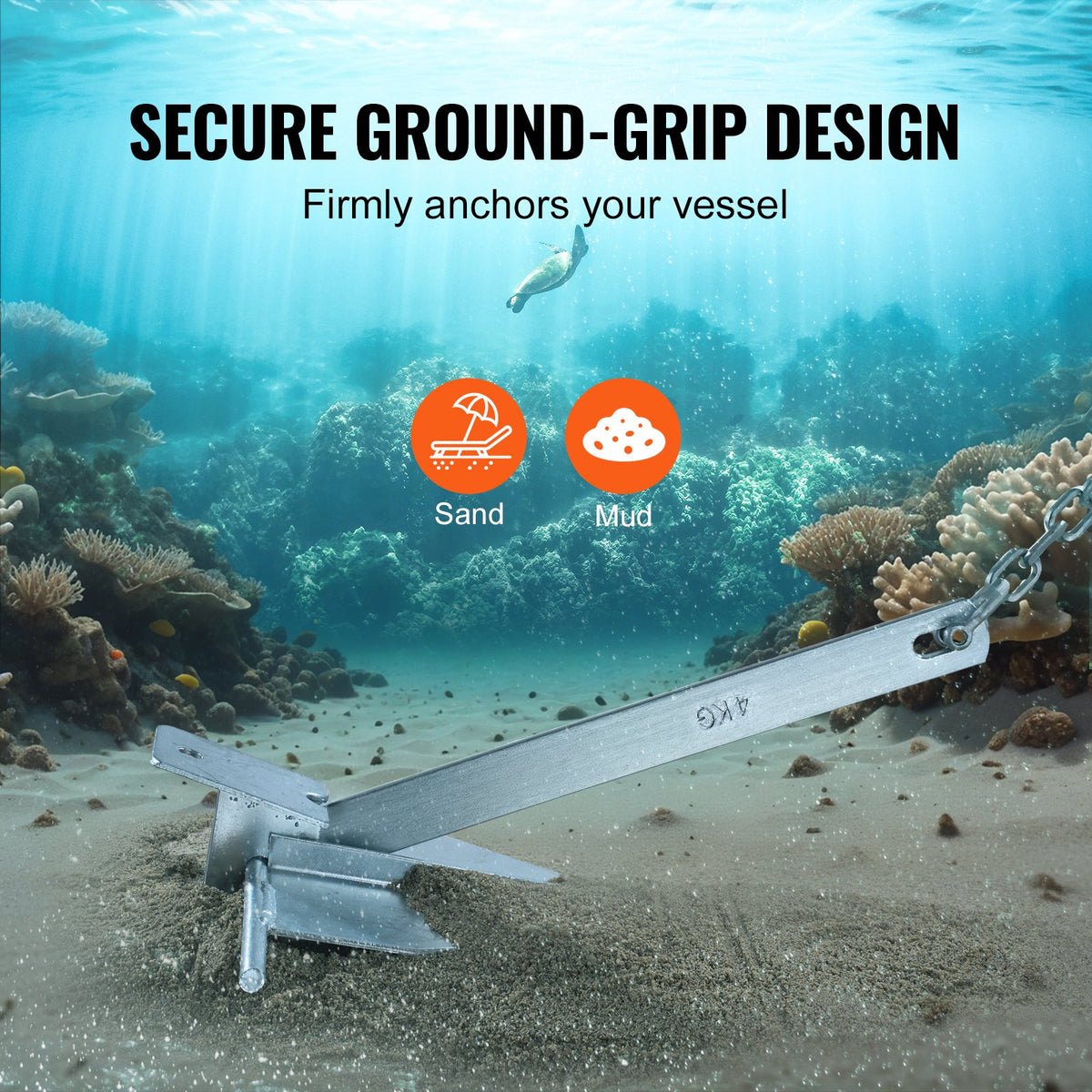VEVOR Fluke Style Anchor Kit, 8.5 LBS Hot-Dipped Galvanized Steel Fluke Anchor with 7.9' Chain, 75' Rope and Two 0.4" Shackles, Marine Boat Anchor for Small Vessels Under 18', Seas, Rivers and Shores - FLKMYJTDXG85OW4WUV0 - view 5