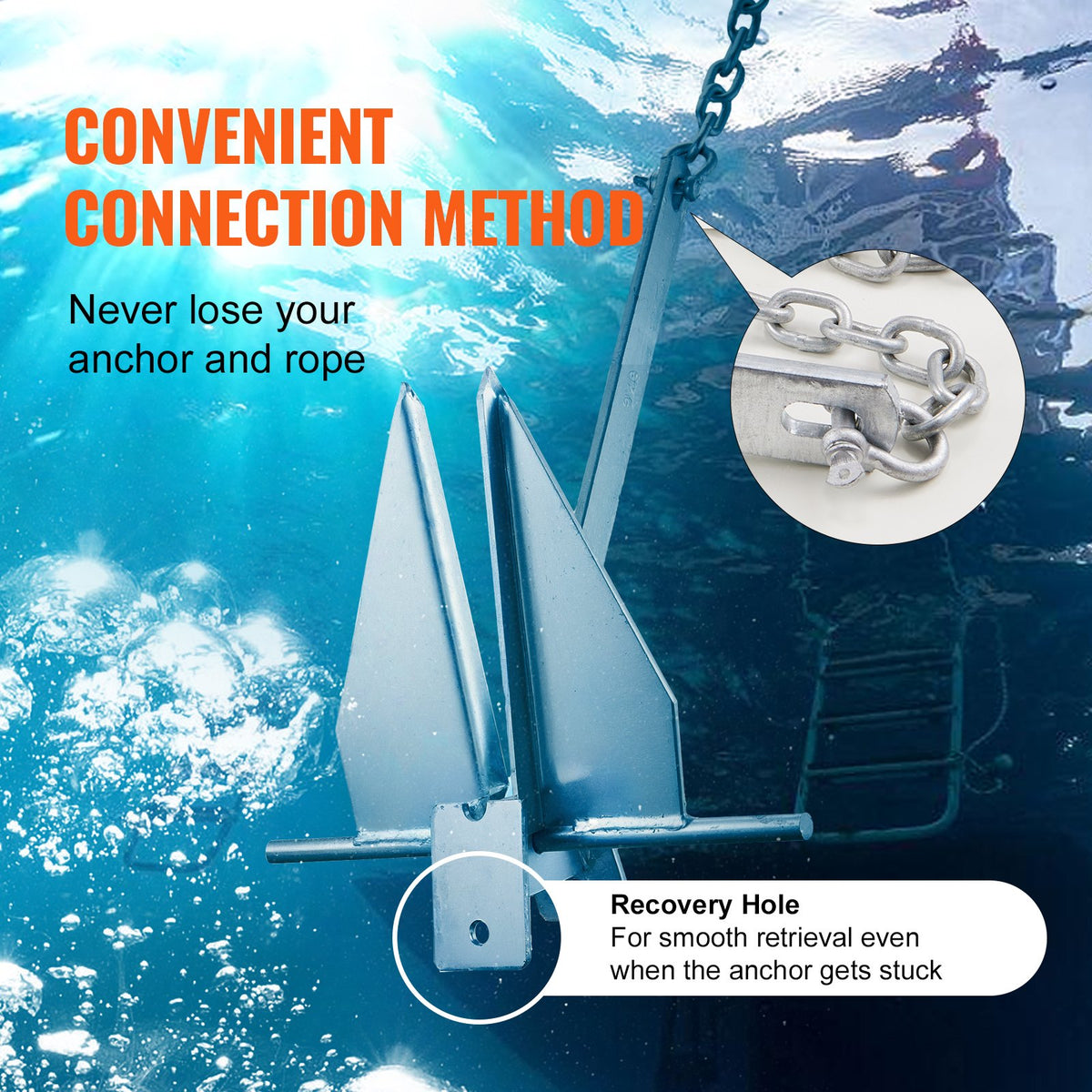 VEVOR Fluke Style Anchor Kit, 8.5 LBS Hot-Dipped Galvanized Steel Fluke Anchor with 7.9' Chain, 75' Rope and Two 0.4" Shackles, Marine Boat Anchor for Small Vessels Under 18', Seas, Rivers and Shores - FLKMYJTDXG85OW4WUV0 - view 6