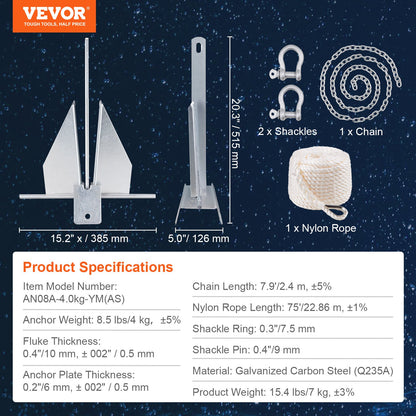 VEVOR Fluke Style Anchor Kit, 8.5 LBS Hot-Dipped Galvanized Steel Fluke Anchor with 7.9' Chain, 75' Rope and Two 0.4" Shackles, Marine Boat Anchor for Small Vessels Under 18', Seas, Rivers and Shores - FLKMYJTDXG85OW4WUV0 - view 8