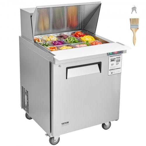 VEVOR 28" Commercial Refrigerator Sandwich & Salad Prep Table, 7.4 Cu. Ft Stainless Steel Refrigerated Food Prep Station with 12 Pans, Cut Board, Frost Free Refrigerator with Lock for Restaurant - FLWSSMZLZGZTM397MV1 - view 2