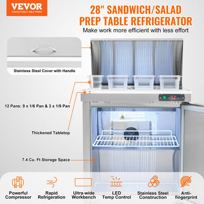 VEVOR 28" Commercial Refrigerator Sandwich & Salad Prep Table, 7.4 Cu. Ft Stainless Steel Refrigerated Food Prep Station with 12 Pans, Cut Board, Frost Free Refrigerator with Lock for Restaurant - FLWSSMZLZGZTM397MV1 - view 3