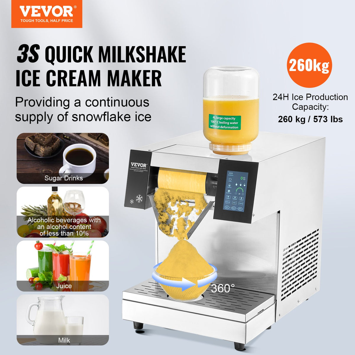 VEVOR Commercial Snowflake Ice Machine, 573LBS/24H Snowflake Ice Maker, Stainless Steel Ice Shaver Machine, Electric Snow Cone Maker, Air Cooling System for Rapid Heat Dissipation, for Bakery, Cafe - FLXNBJFLCMYJP3952V1 - view 3