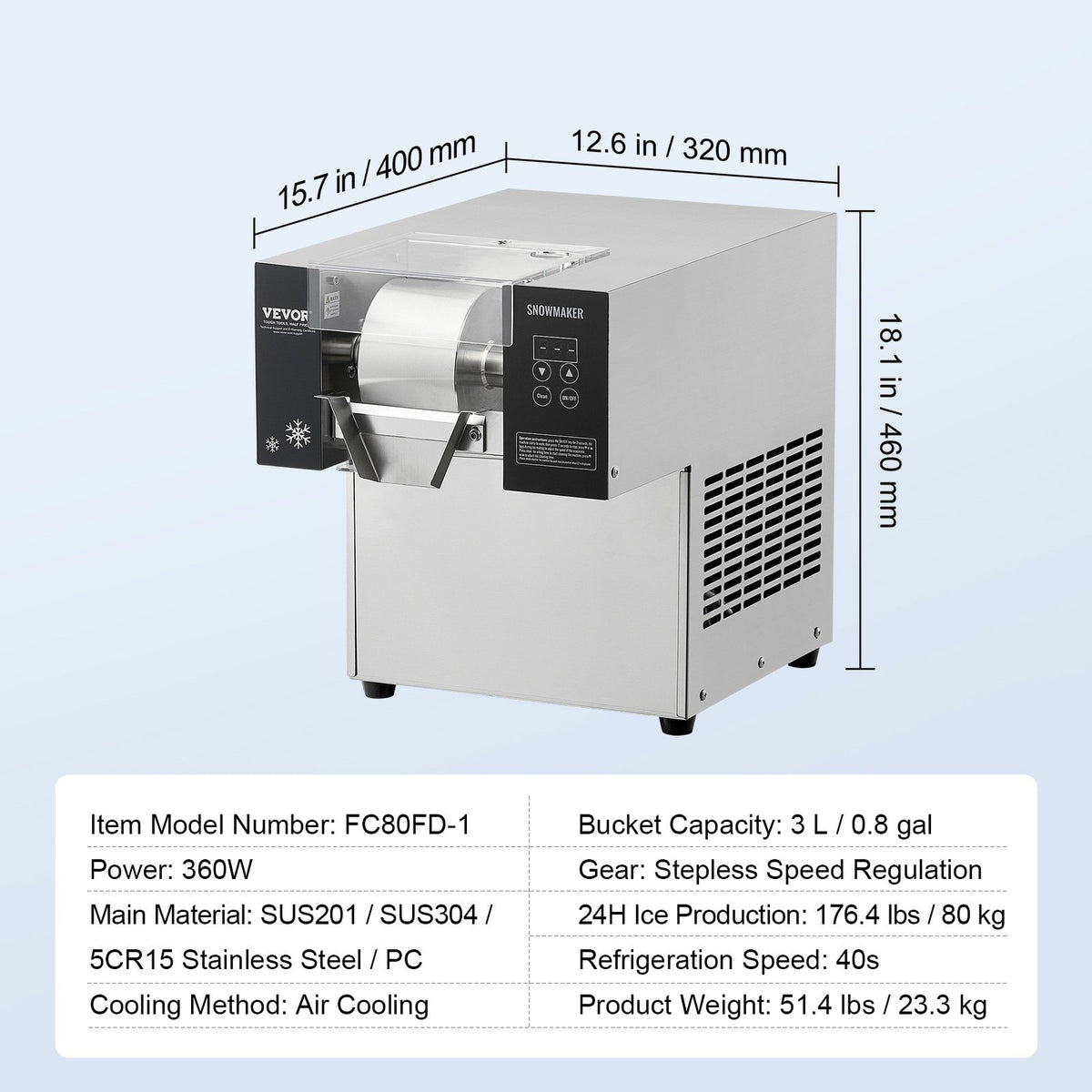 VEVOR Commercial Snowflake Ice Machine, 176.4LBS/24H Snowflake Ice Maker, Stainless Steel Ice Shaver Machine, Electric Snow Cone Maker, Air Cooling System for Rapid Heat Dissipation, for Bakery, Cafe - FLXNBJFLLEDPEG7B6V1 - view 8