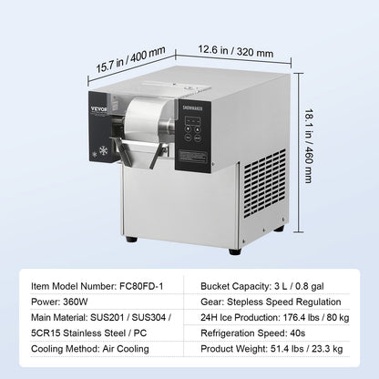 VEVOR Commercial Snowflake Ice Machine, 176.4LBS/24H Snowflake Ice Maker, Stainless Steel Ice Shaver Machine, Electric Snow Cone Maker, Air Cooling System for Rapid Heat Dissipation, for Bakery, Cafe - FLXNBJFLLEDPEG7B6V1 - view 8