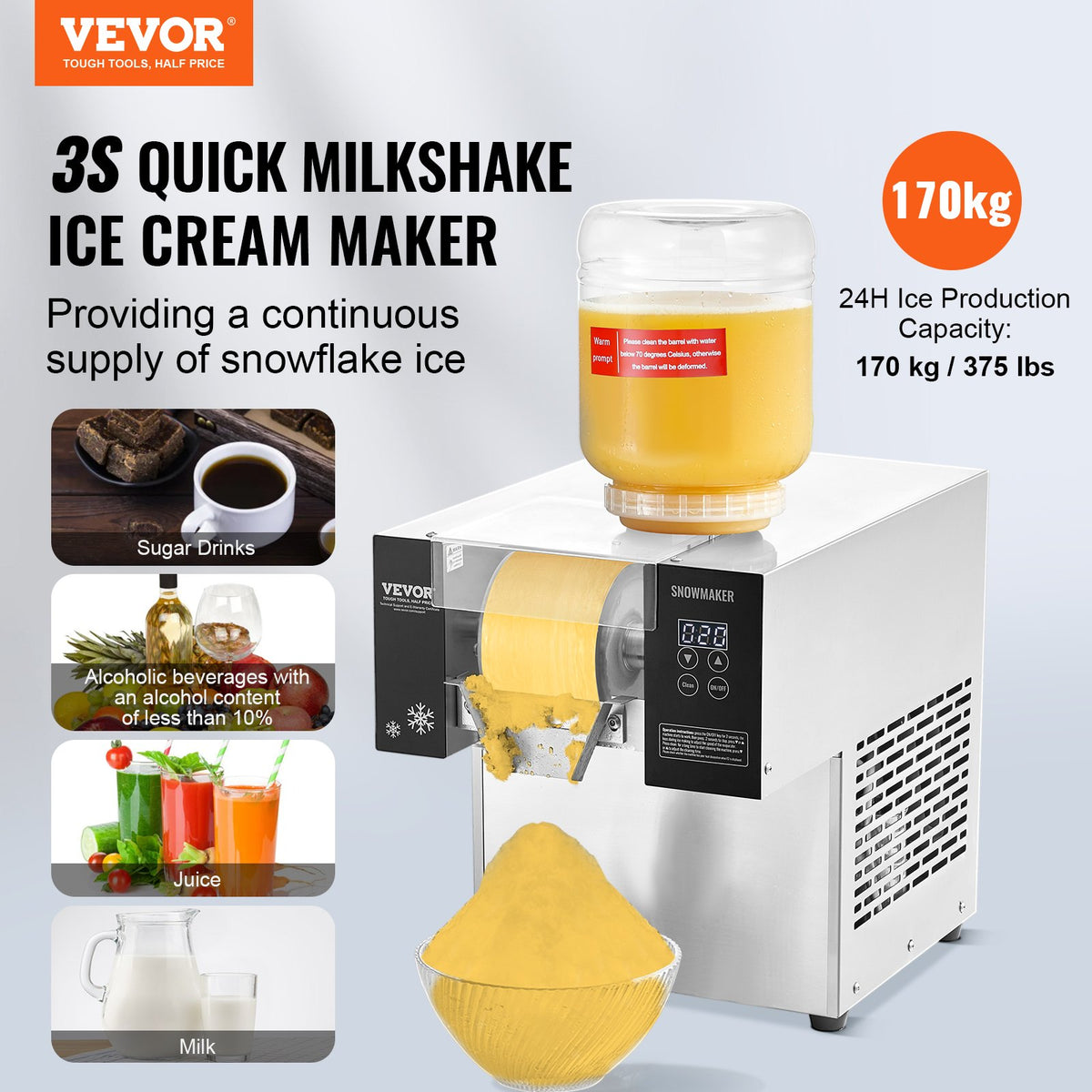 VEVOR Commercial Snowflake Ice Machine, 375LBS/24H Snowflake Ice Maker, Stainless Steel Ice Shaver Machine, Electric Snow Cone Maker, Air Cooling System for Rapid Heat Dissipation, for Bakery, Cafe - FLXNBJFLLEDPXZ9CHV1 - view 3