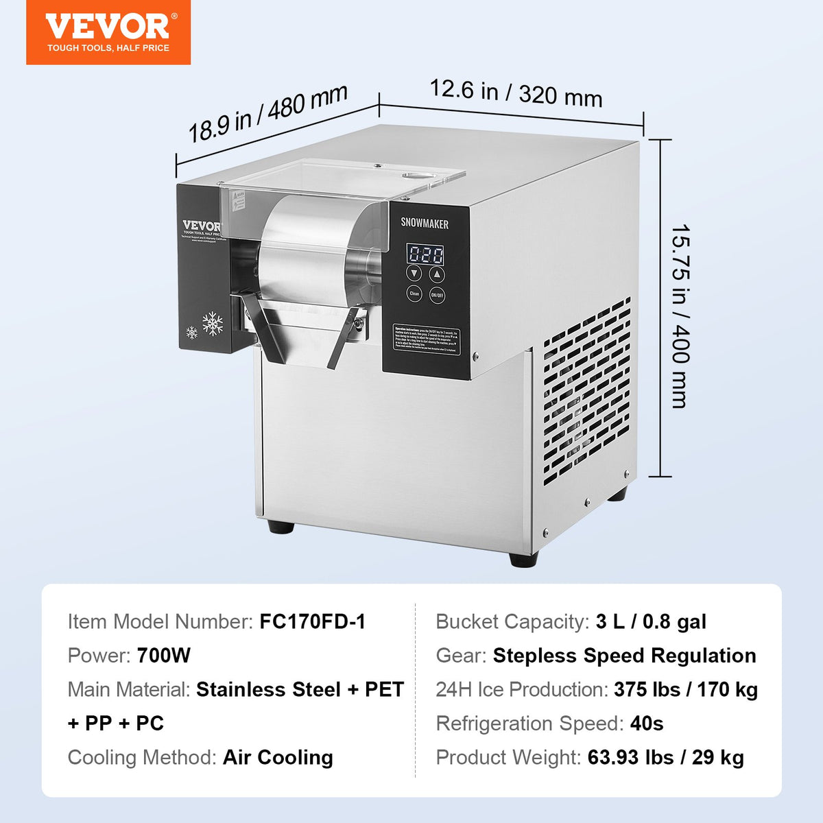 VEVOR Commercial Snowflake Ice Machine, 375LBS/24H Snowflake Ice Maker, Stainless Steel Ice Shaver Machine, Electric Snow Cone Maker, Air Cooling System for Rapid Heat Dissipation, for Bakery, Cafe - FLXNBJFLLEDPXZ9CHV1 - view 8