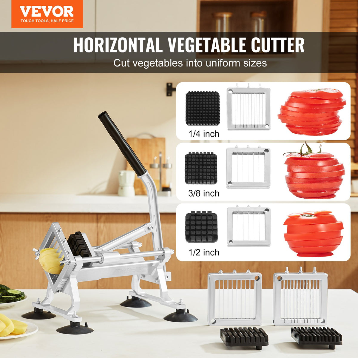 VEVOR Commercial Vegetable Slicer, 1/4"+3/8"+1/2" Fruit Slicer, Stainless Steel and Aluminum Alloy Vegetable Cutter Slicer Machine, Manual Slicer with Non-slip Feet, for Radishes, Onions, Potatoes - FQQPJWS14383JBY2RV0 - view 3