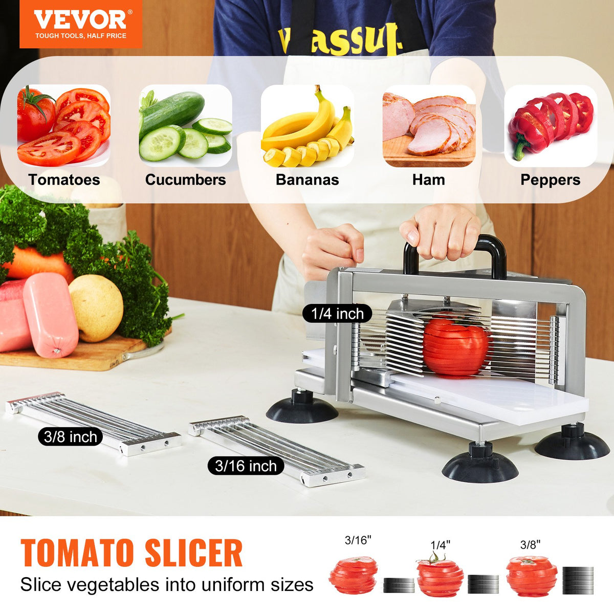 VEVOR Commercial Tomato Slicer, 1/4"+3/8"+3/16" Tomato Cutter Slicer, Stainless Steel Heavy Duty Tomato Slicer Machine, Manual Tomato Slicer with Non-slip Feet, Cutting Tomatoes, Cucumbers, Bananas - FQQPJZTS14388D14CV0 - view 3