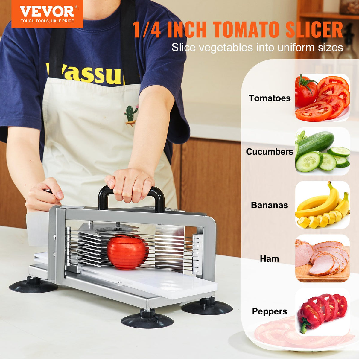 VEVOR Commercial Tomato Slicer, 1/4 inch Tomato Cutter Slicer, Stainless Steel Heavy Duty Tomato Slicer Machine, Manual Tomato Slicer with Non-slip Feet