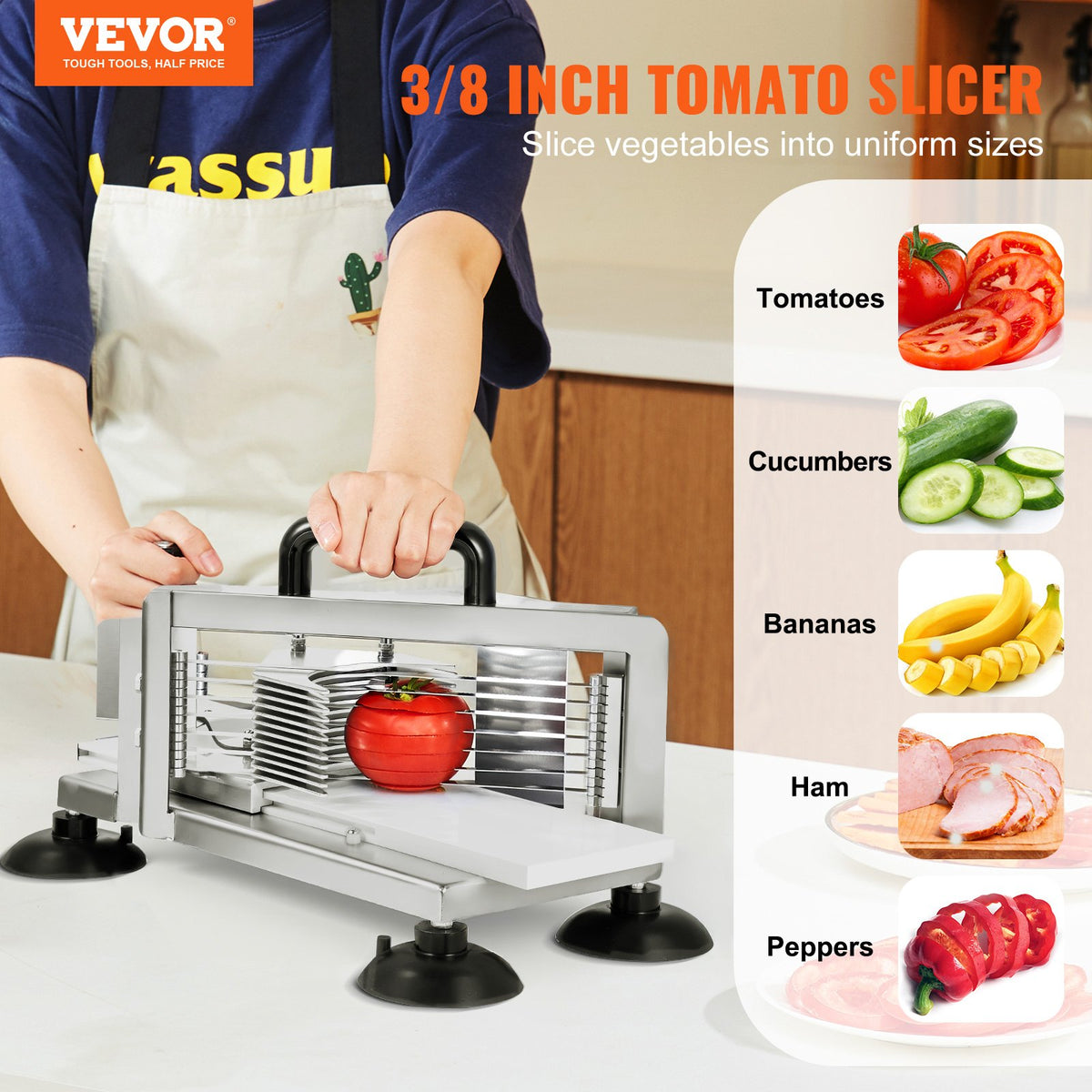 VEVOR Commercial Tomato Slicer, 3/8 inch Tomato Cutter Slicer, Stainless Steel Heavy Duty Tomato Slicer Machine, Manual Tomato Slicer with Non-slip Feet, for Cutting Tomatoes, Cucumbers, Bananas - FQQPJZTS38INFK220V0 - view 3