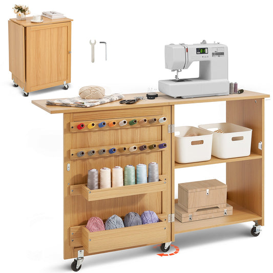VEVOR Folding Sewing Table, Multipurpose Sewing Machine Table with Compact Design, Wheels, Shelves, Storage Trays, Wooden Pegs, and Magnetic Doors, Sewing Desk Cabinet for Sewing Machine, Wood Color - FRZJYXXKZDBH6WYM1V0 - view 1