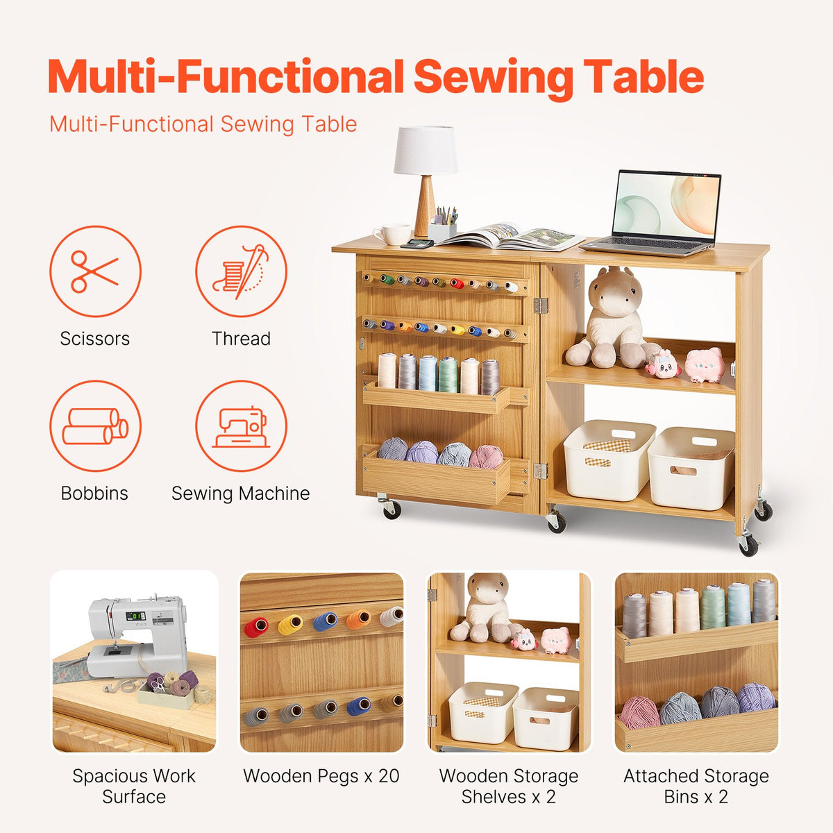 VEVOR Folding Sewing Table, Multipurpose Sewing Machine Table with Compact Design, Wheels, Shelves, Storage Trays, Wooden Pegs, and Magnetic Doors, Sewing Desk Cabinet for Sewing Machine, Wood Color - FRZJYXXKZDBH6WYM1V0 - view 3