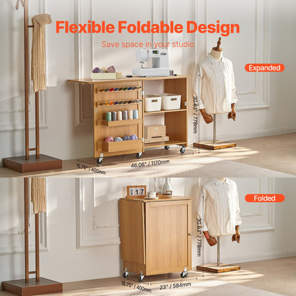VEVOR Folding Sewing Table, Multipurpose Sewing Machine Table with Compact Design, Wheels, Shelves, Storage Trays, Wooden Pegs, and Magnetic Doors, Sewing Desk Cabinet for Sewing Machine, Wood Color - FRZJYXXKZDBH6WYM1V0 - view 4