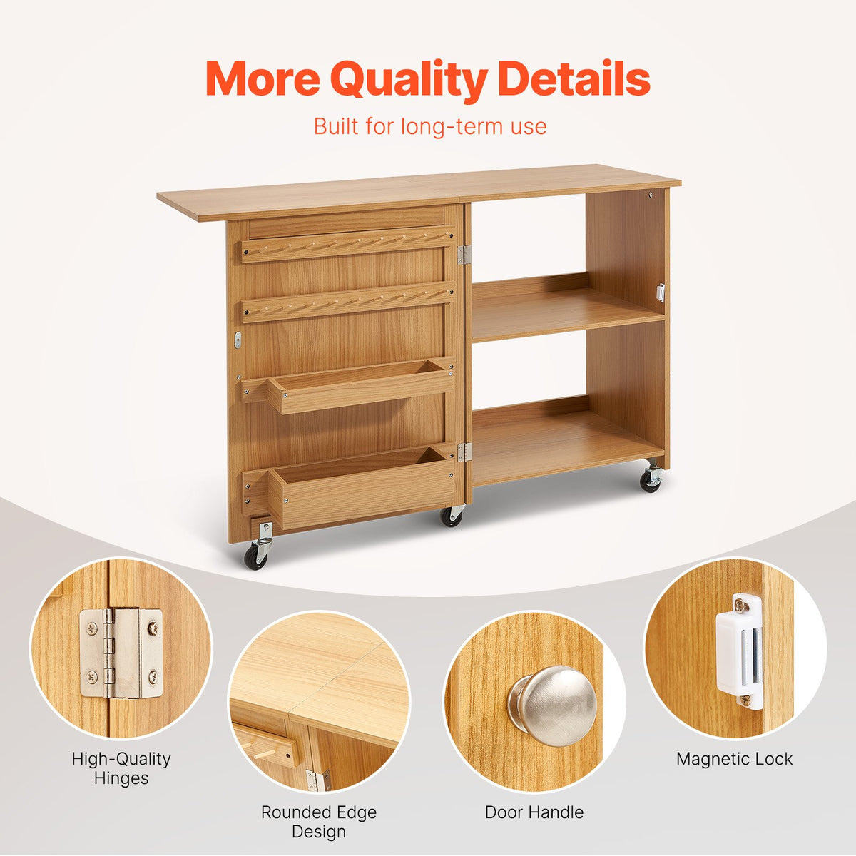 VEVOR Folding Sewing Table, Multipurpose Sewing Machine Table with Compact Design, Wheels, Shelves, Storage Trays, Wooden Pegs, and Magnetic Doors, Sewing Desk Cabinet for Sewing Machine, Wood Color - FRZJYXXKZDBH6WYM1V0 - view 7