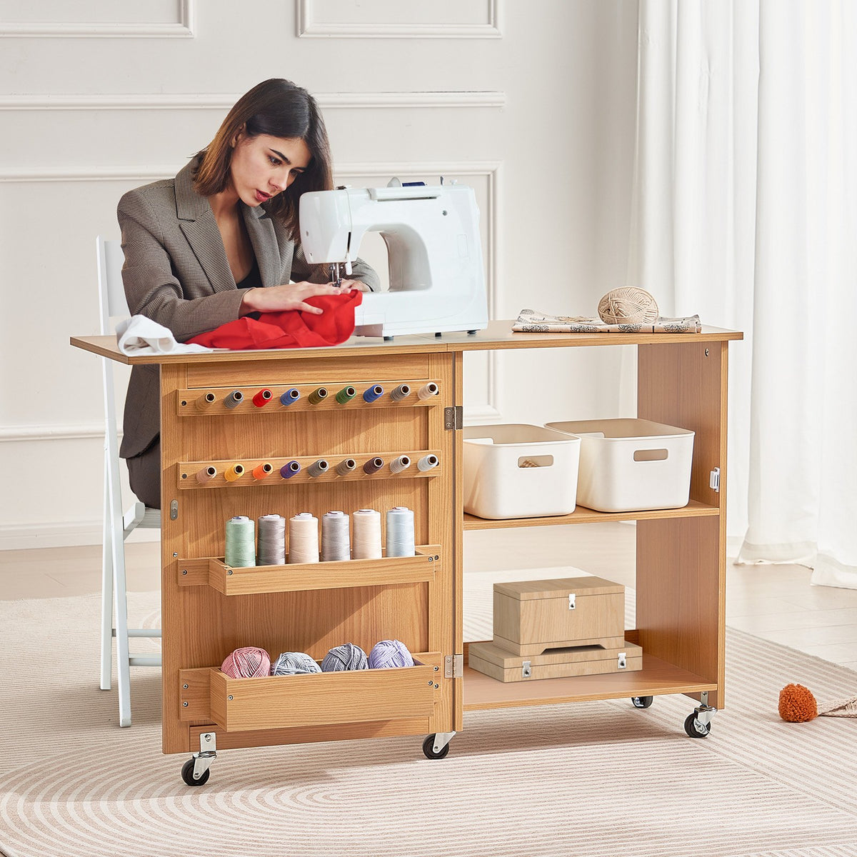 VEVOR Folding Sewing Table, Multipurpose Sewing Machine Table with Compact Design, Wheels, Shelves, Storage Trays, Wooden Pegs, and Magnetic Doors, Sewing Desk Cabinet for Sewing Machine, Wood Color - FRZJYXXKZDBH6WYM1V0 - view 9