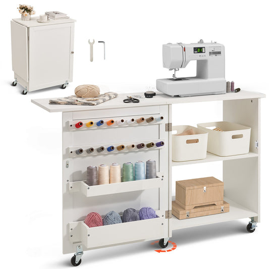 VEVOR Folding Sewing Table, Multipurpose Sewing Machine Table with Compact Design, Wheels, Shelves, Storage Trays, Wooden Pegs, and Magnetic Doors, Sewing Desk Cabinet for Sewing Machine, White - FRZJYXXKZDBHL2LV9V0 - view 1