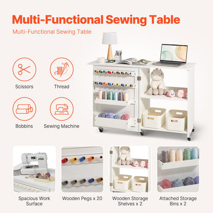 VEVOR Folding Sewing Table, Multipurpose Sewing Machine Table with Compact Design, Wheels, Shelves, Storage Trays, Wooden Pegs, and Magnetic Doors, Sewing Desk Cabinet for Sewing Machine, White - FRZJYXXKZDBHL2LV9V0 - view 3