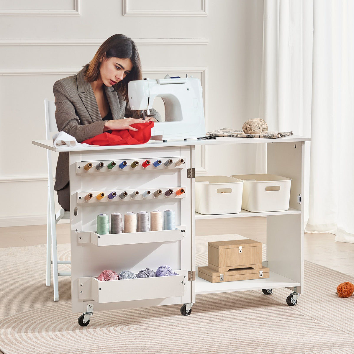 VEVOR Folding Sewing Table, Multipurpose Sewing Machine Table with Compact Design, Wheels, Shelves, Storage Trays, Wooden Pegs, and Magnetic Doors, Sewing Desk Cabinet for Sewing Machine, White - FRZJYXXKZDBHL2LV9V0 - view 9