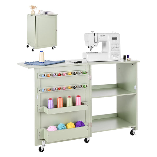 VEVOR Folding Sewing Table, Multipurpose Sewing Machine Table with Compact Design, Wheels, Wooden Pegs, Storage Trays and Shelf, Magnetic Door Lock, Craft Station and Side Desk for Home, Light Green - FRZJYXXKZDBHMMZ91001V0 - view 1