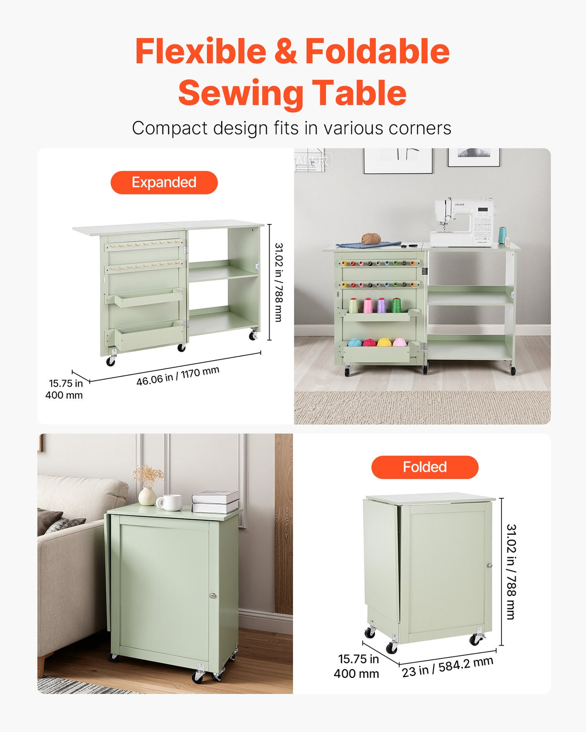 VEVOR Folding Sewing Table, Multipurpose Sewing Machine Table with Compact Design, Wheels, Wooden Pegs, Storage Trays and Shelf, Magnetic Door Lock, Craft Station and Side Desk for Home, Light Green - FRZJYXXKZDBHMMZ91001V0 - view 4