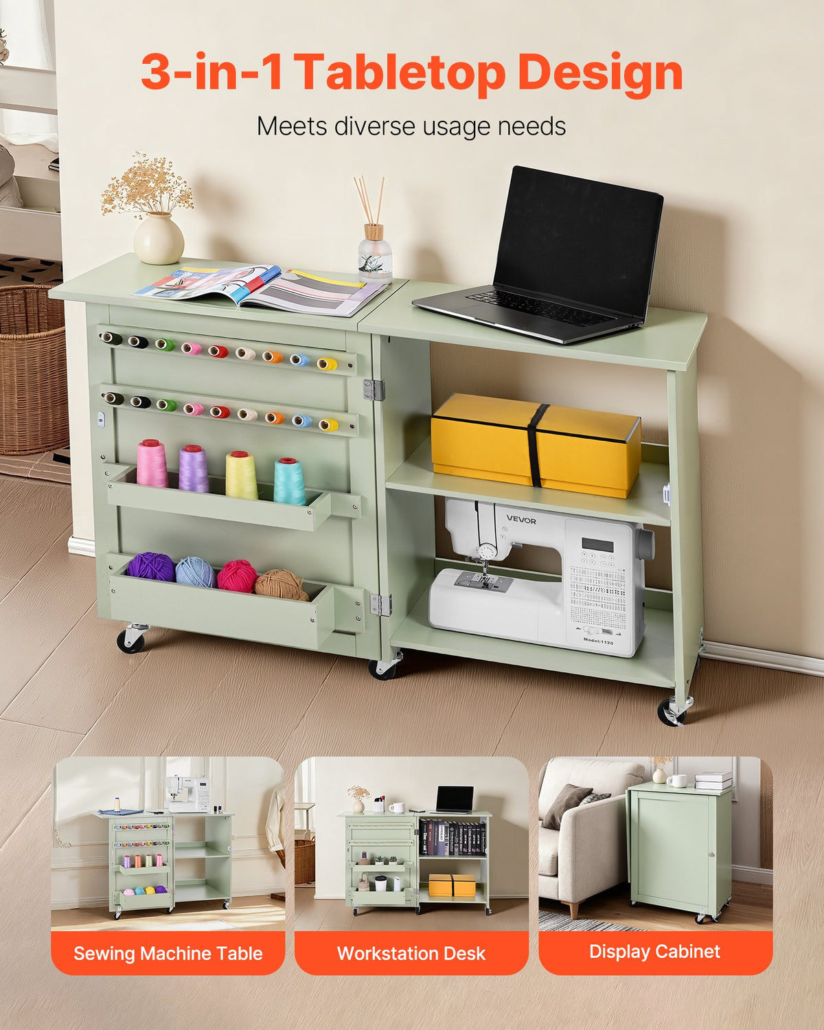 VEVOR Folding Sewing Table, Multipurpose Sewing Machine Table with Compact Design, Wheels, Wooden Pegs, Storage Trays and Shelf, Magnetic Door Lock, Craft Station and Side Desk for Home, Light Green - FRZJYXXKZDBHMMZ91001V0 - view 7