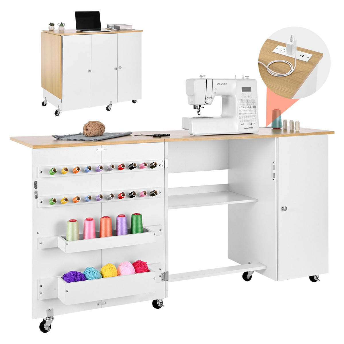 VEVOR Folding Sewing Table, Multipurpose Sewing Machine Table with Cabinet, Charging Station, Compact Design, Wheels, Wooden Pegs, Storage Trays and Shelf, Craft Station and Side Desk for Home - FRZJYXXKZDHJ8HVH4001V1 - view 1