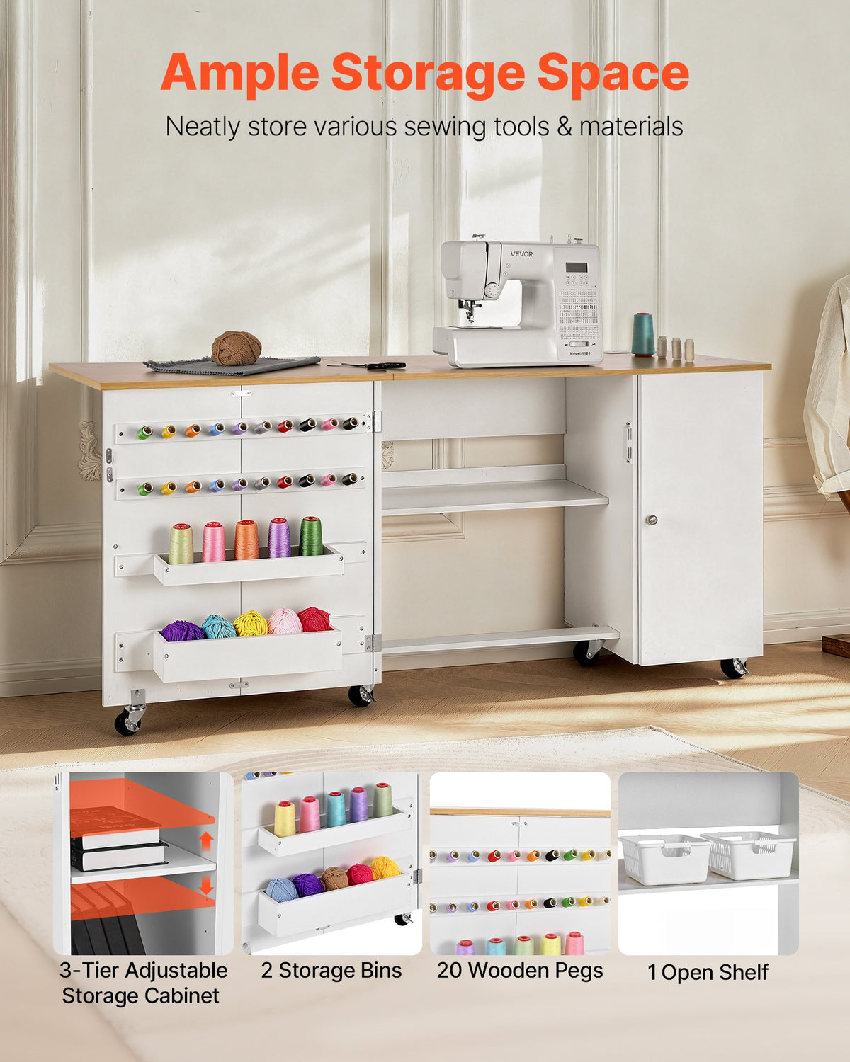 VEVOR Folding Sewing Table, Multipurpose Sewing Machine Table with Cabinet, Charging Station, Compact Design, Wheels, Wooden Pegs, Storage Trays and Shelf, Craft Station and Side Desk for Home - FRZJYXXKZDHJ8HVH4001V1 - view 3