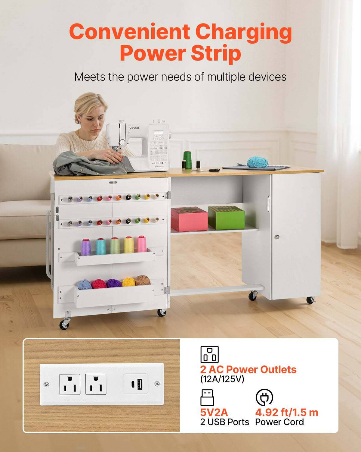 VEVOR Folding Sewing Table, Multipurpose Sewing Machine Table with Cabinet, Charging Station, Compact Design, Wheels, Wooden Pegs, Storage Trays and Shelf, Craft Station and Side Desk for Home - FRZJYXXKZDHJ8HVH4001V1 - view 7