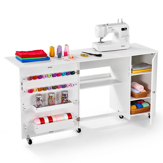 VEVOR Folding Sewing Table, Multipurpose Sewing Machine Table with Cabinet, Compact Design, Wheels, Wooden Pegs, Storage Trays and Shelf, Magnetic Door, Craft Station and Side Desk for Home, White - FRZJYXXKZDHJKO35F001V0 - view 1