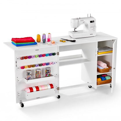 VEVOR Folding Sewing Table, Multipurpose Sewing Machine Table with Cabinet, Compact Design, Wheels, Wooden Pegs, Storage Trays and Shelf, Magnetic Door, Craft Station and Side Desk for Home, White - FRZJYXXKZDHJKO35F001V0 - view 2