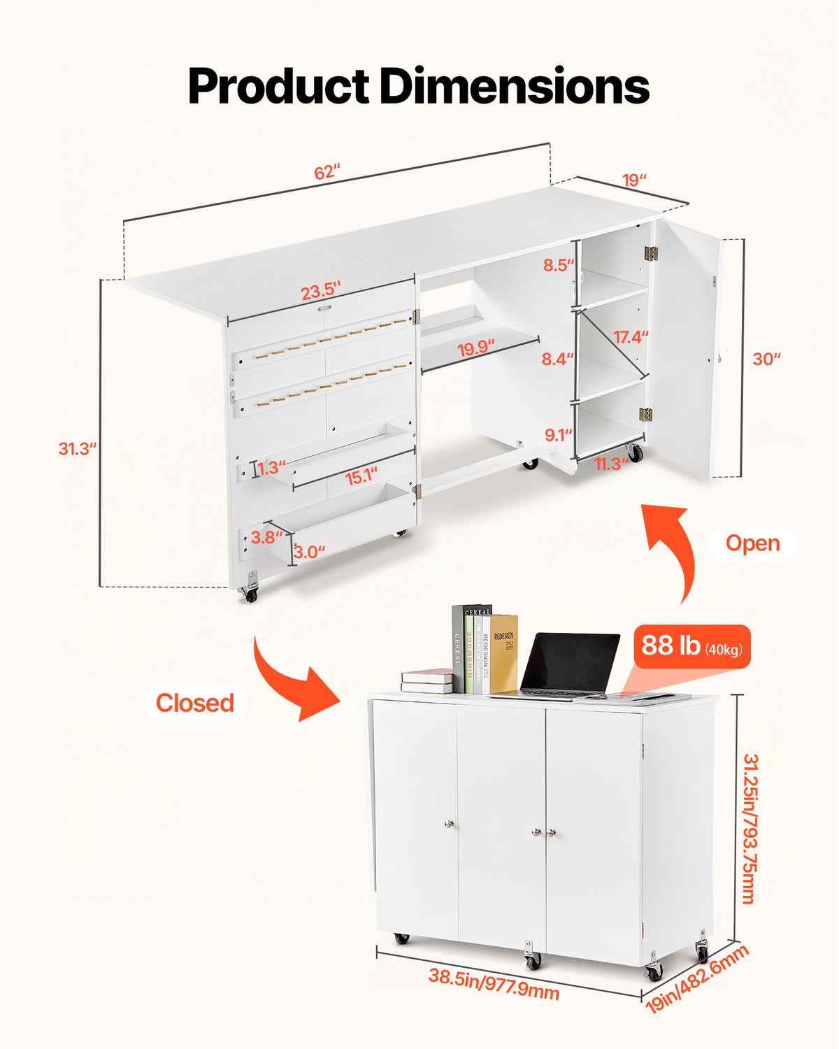 VEVOR Folding Sewing Table, Multipurpose Sewing Machine Table with Cabinet, Compact Design, Wheels, Wooden Pegs, Storage Trays and Shelf, Magnetic Door, Craft Station and Side Desk for Home, White - FRZJYXXKZDHJKO35F001V0 - view 3